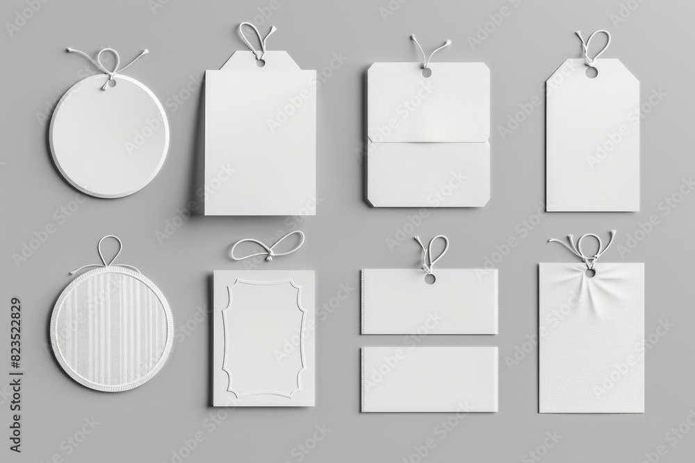 Poster Collection of blank tags hanging on a string. Perfect for labeling items in a shop