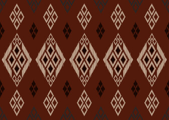 Ikat pattern on rust background.Brown and black diamond pattern.diamond shape.Geometric shape.Digital design.Ethnic.Illustration.Leaf shape.Design for clothes.Dress.Carpet.Printing.Tablecloth.Knitted.