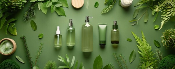 Environmentally friendly products set against a green backdrop, with an overlay of nature-inspired elements and eco-friendly icons, encouraging sustainable choices.