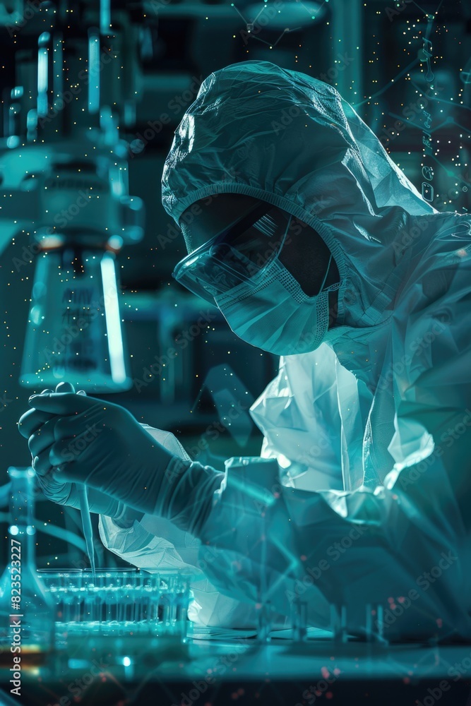 Poster A man in a lab coat conducting experiments in a laboratory. Suitable for scientific and research concepts