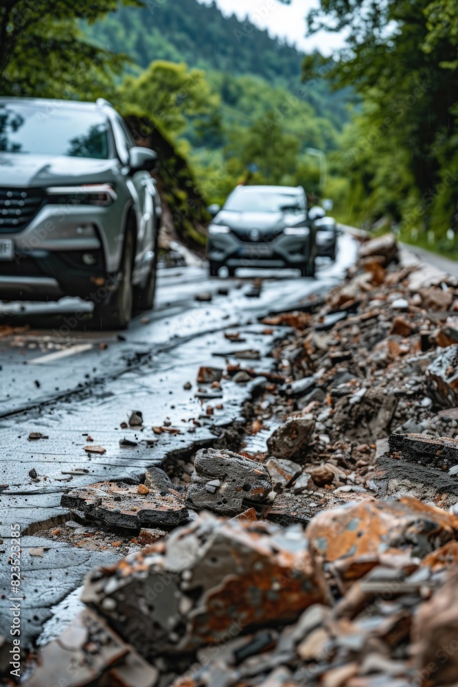 Poster a pile of rubble on the side of a road, suitable for construction or disaster concepts