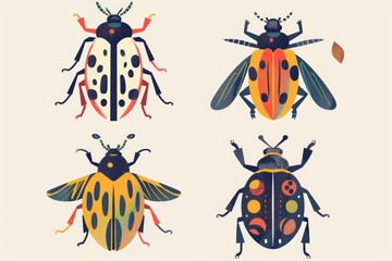 Four different colored bugs on a plain white background. Suitable for educational materials or nature-themed designs