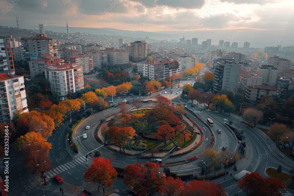 Poster aerial view of a city with numerous buildings. ideal for urban development concepts
