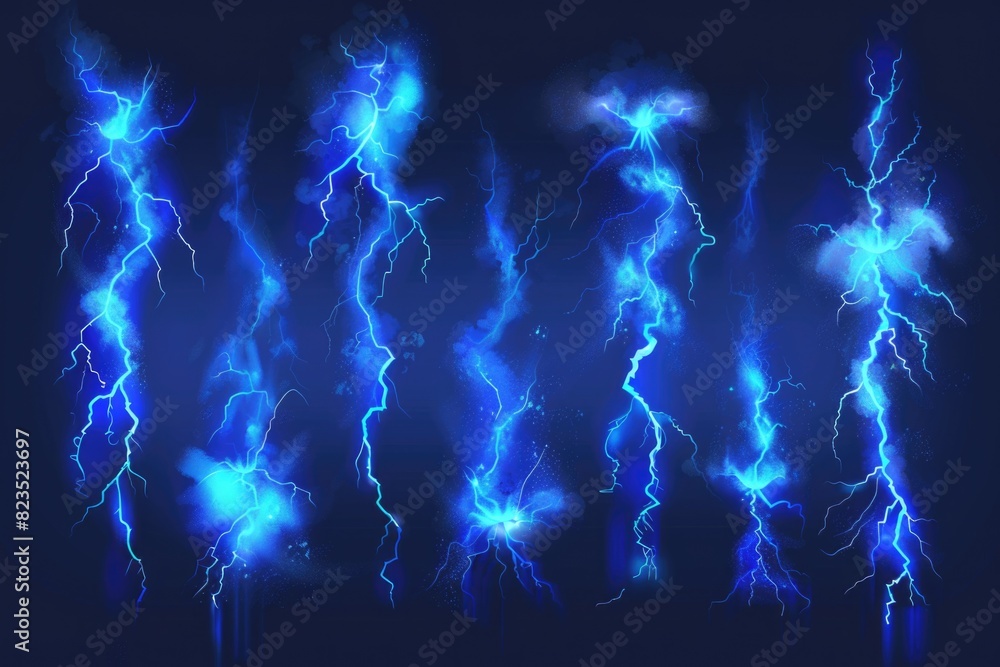 Poster a striking image of blue lightning bolts on a dark background. ideal for various design projects