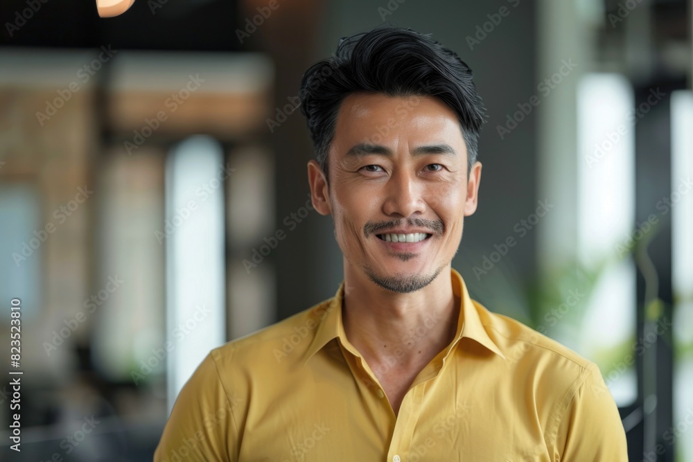 Poster a man in a yellow shirt smiling at the camera. suitable for various concepts