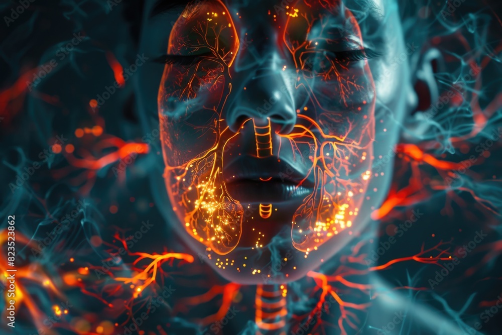Poster close up of a person with a glowing face, suitable for futuristic or technology concepts
