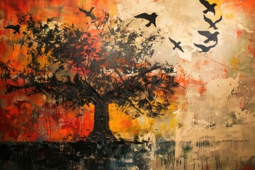 Artistic depiction of a tree with birds flying around it. Suitable for nature-themed designs