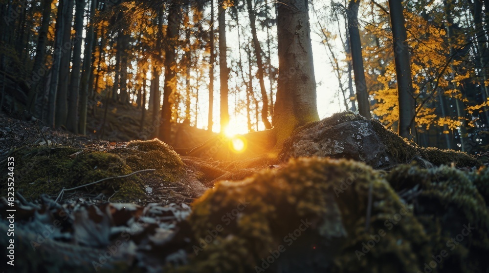 Poster sunlight filtering through dense forest, suitable for nature themes
