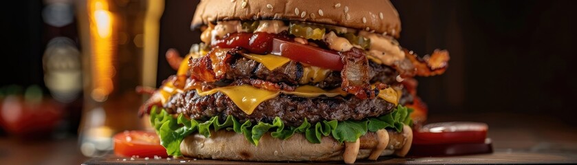 Close-up of a delicious double cheeseburger with lettuce, tomatoes, bacon, and sauce, perfect for fast food lovers.