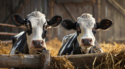 Two cows stand in stalls on a modern farm, animal husbandry.