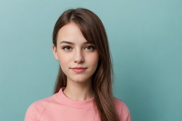 Obraz premium Beautiful young girl wearing a pink pullover, relaxed and looking at the camera with a blue or turquoise background and copy space.