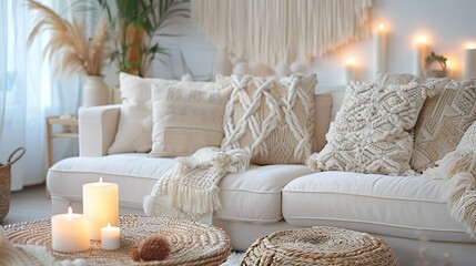 A cozy living room with a white couch, beige pillows, and a macrame wall hanging. Candles are...
