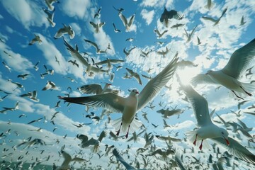 A flock of seagulls flying gracefully in the clear blue sky. Perfect for nature and wildlife concepts