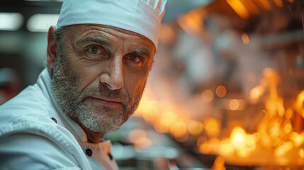 Professional cook preparing meal, cooking, in large restaurant kitchen.