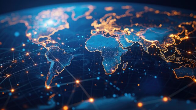 A map of the world with glowing lines, suitable for technology and travel concepts