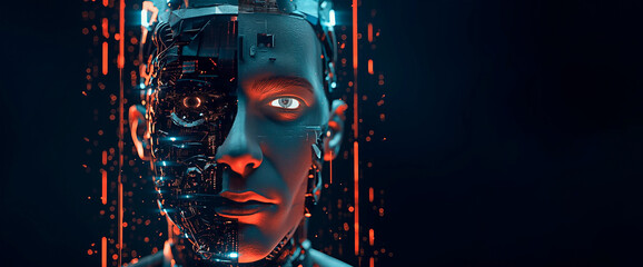 Concept of artificial intelligence and the rise of the machines. A face with human and robot fusion on background with copy space.