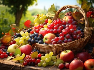 A basket of fresh fruits including apples, grapes, and berries arranged outdoors, highlighting vibrant colors and natural beauty.