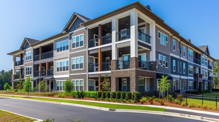 Modern urban apartment building with multiple balconies. Suitable for real estate or architecture concepts