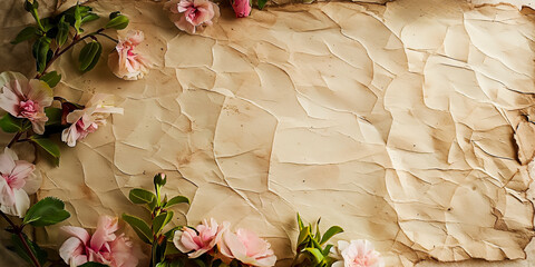 Vintage-like textured old paper backdrop with blooming pink spring flowers. Can be used as background.