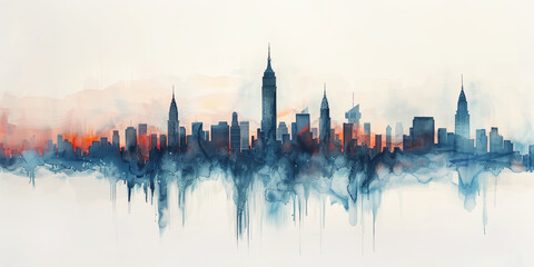 Banner, colorful watercolor buildings, skyscrapers in New York, blue color, white background.