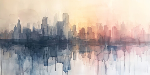 Banner, colorful watercolor buildings, skyscrapers in New York, pastel colors, white background.	