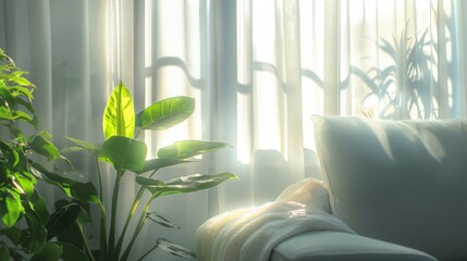 Morning sunlight filters through sheer curtains, gently illuminating green indoor plants and a cozy white couch in a peaceful living room.