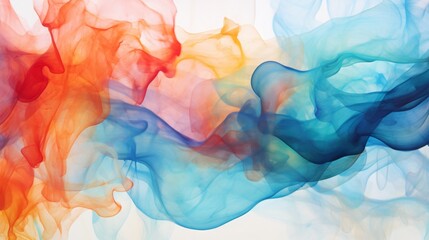 Abstract colorful ink in water art depicting vibrant blue, orange, and red smoke-like fluidity on a white background. Mesmerizing and elegant imagery.