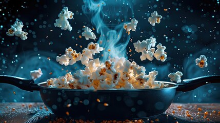 Popping popcorn in a pan with steam rising, creating a dynamic and lively scene with a dark...
