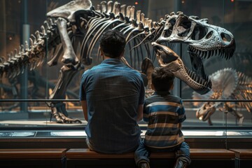 Fototapeta premium Dad and boy watching dinosaur skeleton in museum