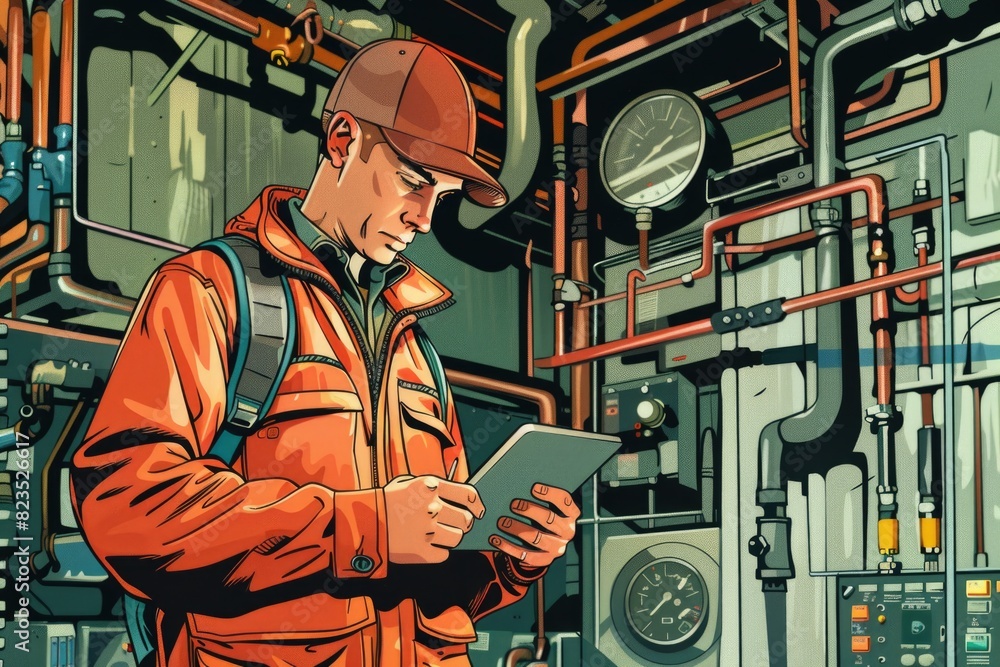 Poster a man in an orange jacket holding a tablet. suitable for technology concepts
