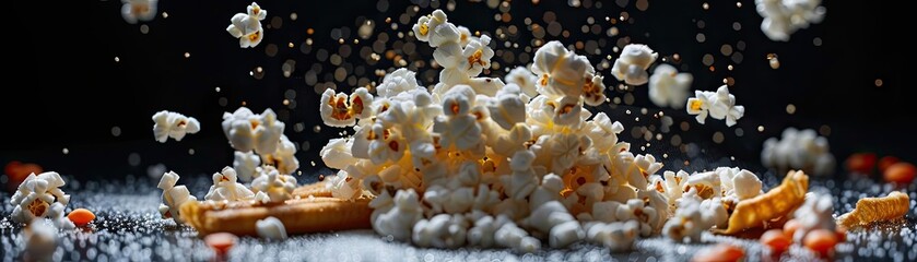 A close-up shot of popcorn flying in the air, capturing the motion and texture against a dark...