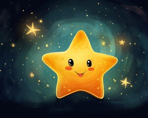 Obraz na płótnie Canvas Cute smiling star character in a starry night sky, perfect for children's illustration or whimsical design projects.
