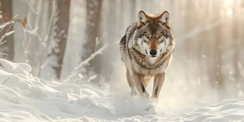 Obraz premium Majestic wolf roaming a snowy forest embodying the enchantment of winter. Concept Wildlife Photography, Winter Wonderland, Nature's Beauty, Majestic Creatures, Enchanting Wilderness