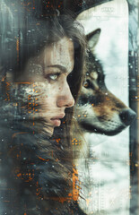 Young woman, wolf, train, double exposure. Book cover, illustration of a modern adventure novel.