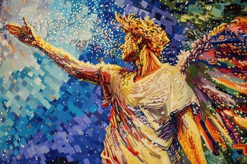 Fototapeta premium A painting of a woman with wings on a blue background. Suitable for fantasy and angelic themes