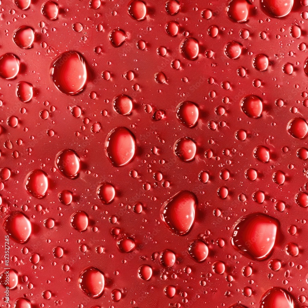 Poster close up of water droplets on a vibrant red surface. ideal for backgrounds or texture