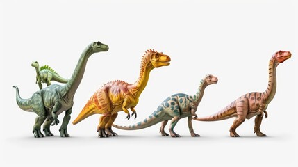 A group of toy dinosaurs standing together. Suitable for educational materials