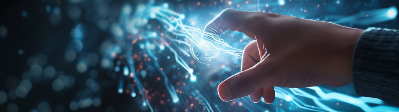 hand touching a flowing data set, concept for coding, created with generative AI technology