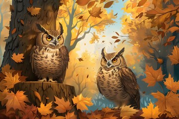 Two owls are sitting on a log in a forest with leaves on the ground