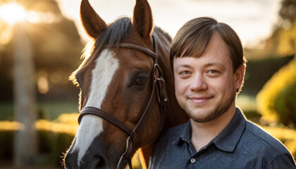 Obraz premium Heartwarming bond between young man with Down syndrome and horse. Experience of the power of equine therapy during beautiful summer day.