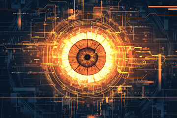 digital design resembling an eye with a glowing orange center and intricate electronic patterns