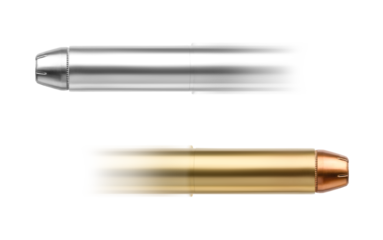 Silver and golden bullets flying to the opposite sides isolated on white background