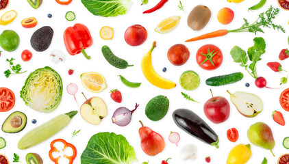 Seamless pattern of fruits, vegetables and berries isolated on white background.