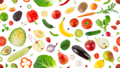 Seamless pattern of fruits, vegetables and berries isolated on white background.