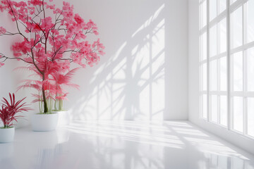 Empty white interior with monochromatic furniture. Pink plant. Abstract real estate background