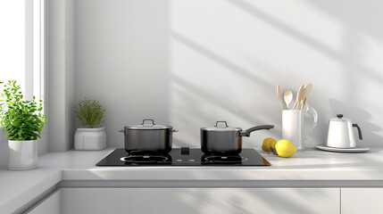 Minimalist kitchen setup with ceramic induction stove.
