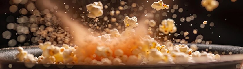 Close-up of popcorn kernels exploding in the air with a blurred background, capturing the dynamic motion and texture of snack preparation.