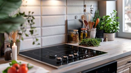 Perfectly organized kitchen space with induction stove.