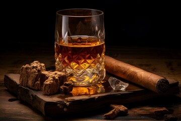 Sophisticated setting with a glass of whiskey, cigar, and chocolate on a rustic wooden background