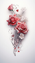 Intricate rose bouquet with red and white flowers and heart accents, background